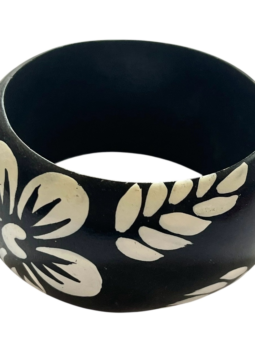 Black Wood White Floral Boho Painted 1.5” Wide Bangle Bracelet Tropical Summer